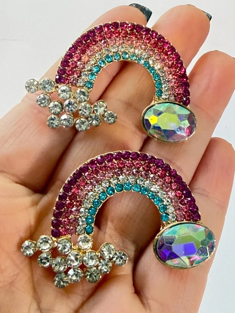 Rainbow Rhinestone Cloud Brooch Set Colorful Crystal Pins Pair